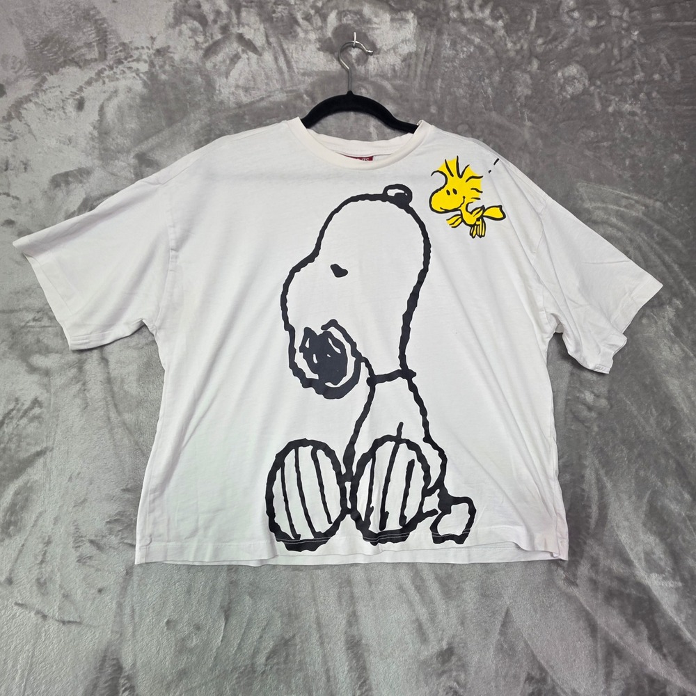 Primark Peanuts Snoopy Woodstock Graphic T-Shirt White Oversized Boxy Tee Small